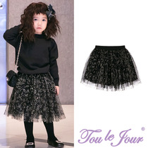 Toulle Jour Girl Dress Shiny Courtesy Flowers Prints Gold Spring Autumn Fairy Beauty Black Mesh Yarn Princess Half Skirt Tutu Fluffy Dress