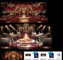 New two sets of high-end European red gold baroque wedding hand-painted theme background renderings stage psd file