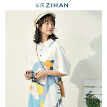 Purple Culvert Summer Dress New Senteal Girl Original Abstract Printed Polo Collar Loose Straight Cylinder Comfort Short Sleeves Dress