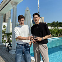 pop mens early autumn solid color small high collar T-shirt Korean version of micro loose handsome body shirt short sleeve mens simple base shirt tide