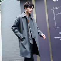 Trench coat men's long spring and autumn thin lapel gray coat Korean version of light ripe tide brand ins fried street coat