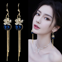 Blue crystal earrings summer 2021 new trendy retro long drop earrings temperament high-end atmosphere light luxury earrings ear hook models