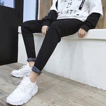 Winter black jeans men in 2021 plus thickness warm fitting paste and small foot pants in Han Edition trend brand