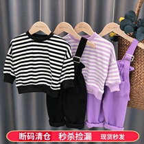Girls Western-style overalls suit striped sweater 2022 spring and autumn new baby girl cotton net red two-piece suit