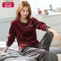 Spring and autumn coral velvet pajamas womens long sleeves thin thick plus velvet autumn and winter can be worn outside flannel home suit
