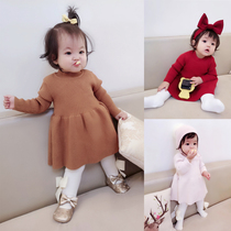 Female childrens Western style skirt Baby solid color skirt 1-2-3 years old girl knitted dress Baby autumn princess skirt