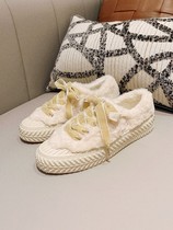 White wool shoes womens autumn and winter wear 2021 new explosive plus velvet warm cotton shoes thick bottom increase Bean shoes