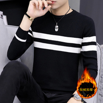 Mens sweater round neck plus velvet autumn and winter Korean slim thick striped knit base shirt trend mens clothes