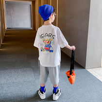 Boys summer short sleeve set 2021 new large childrens clothing boy summer handsome foreign style Korean summer tide