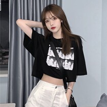 Vanya Black Short Sleeve T-Shirt Woman Summer Han Edition Red Fried Street Paddle Printing Shoulder Shoulder Top Tide