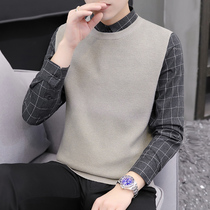 Plaid shirt collar fake two-piece sweater mens fake collar knitted base shirt autumn and winter Korean slim fashion top