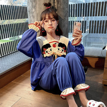 Net red bursting pajamas womens spring and autumn cotton long sleeve two-piece set summer casual cute home clothes can be worn outside