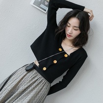 Square leader long sleeve short knit cardiovert 2019 fall open collarbone blouse Loose Sweater Woman