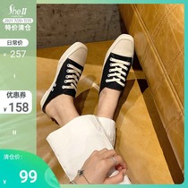 (Special clearance)Very casual~Korean flat flat lace-up square head lazy canvas Muller slippers for women to wear