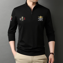 Mens long sleeve T-shirt spring and autumn embroidery stand collar black loose casual thin polo shirt Youth Mens body fashion tide