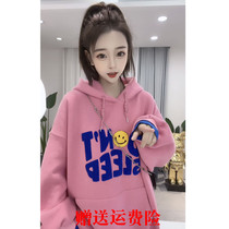 Three-dimensional letter smiling face hooded plus velvet thick sweater women 2022 autumn and winter new Korean version lazy wind loose top