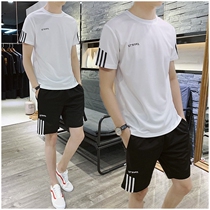 Sports suit mens loose size mens clothing with a handsome casual fashion brand Korean Ice Silk trend summer clothes