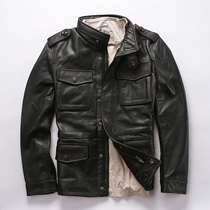 AVFLY mens hunting leather leather slim head layer cowhide leather jacket M65 business casual leather jacket mens coat