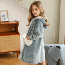 Childrens coral velvet autumn and winter long pajamas girls flannel robes thickened girls home clothes female children