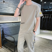 Paul Summer Ice Silk 90% Pants Men Suit Short Sleeve T-shirt pair with a set of mens handsome air 90% pants two sets