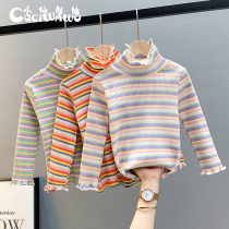 Girl T-shirt 2021 autumn and winter New Girl rainbow stripe base shirt baby cotton high neck coat foreign atmosphere