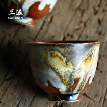 Three times Zhiye burning wood and burning clay tea cup kung fu single Cup Jingdezhen pure handmade tea cup large Master Cup