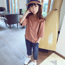 Girls T-shirt spring 2023 new Korean version of the girls solid color top girls three-quarter sleeves loose western style bottoming shirt