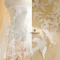 Taiwan wedding dress lace fabric ivory white flower embroidery sequin M18 lace soft mesh fabric
