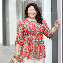 Large size chiffon shirt female fat MM200 kg elastic waist plus fat increase seven-point sleeve floral coat fat mother spring and autumn