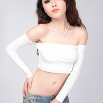Net red word shoulder top Clavicle high-end ins Port wind autumn long-sleeved off-shoulder sexy temperament Clavicle small fragrance T