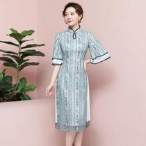 2020 Womens new spring and summer lotus leaf inverted big sleeve womens skirt collar improved cheongsam retro Ao Dai Ruyi placket dress