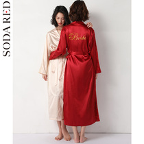 Pajamas womens summer ice silk thin nightgown Sexy long long sleeve bathrobe Red wedding bride morning gown wedding