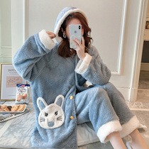 Cartoon pajamas female coral velvet autumn and winter thickened hooded student loose homewear suit sweet warm winter