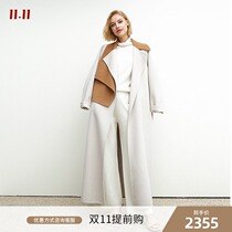 QIQI fur double-sided woolen coat womens knee long straight tube waist lace-up temperament wool coat