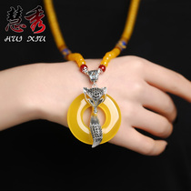 Chalcedony peace buckle fox sweater chain 925 silver necklace long wild agate stone pendant simple high-grade autumn and winter