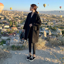 Black double face cashmere big coat woman 2021 autumn winter new high-end loose medium long suit collar fur coat