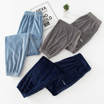 Island velvet mens pajamas winter closure thickened loose elastic flannel home pants leg can be worn outside warm pants