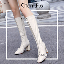 Off-white knee-high tube womens boots winter belt buckle front zipper thick heel high heel stretch boots womens boots 196Z