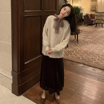 SYT lazy oblique shoulder one-piece collar loose soft waxy sweater womens Korean version of autumn and winter retro Lingge pullover sweater