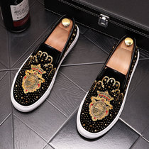 Tide brand Lafu shoes mens pedal autumn breathable Korean trend Joker British increased rhinestone embroidered lazy shoes