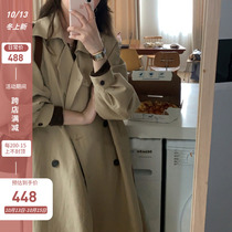 Khaki windbreaker womens long model 2021 New Korean version loose temperament slim lace-up knee jacket womens autumn
