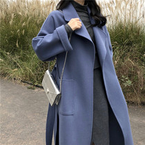 Woolen coat womens 2021 new autumn winter dress Korean loose haze blue 100% double-sided wool coat long