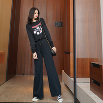 2021 new female spring and autumn Net red fried street fashion temperament sweater wide leg pants leisure sports two-piece set