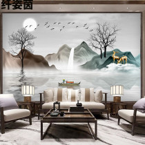 New Chinese mood landscape landscape light luxury living room sofa Wall cloth TV background wallpaper elk film and television fortune tree mural