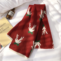 Winter chic antler Christmas scarf Japanese deer Red Green elk thick wool bib female shawl student