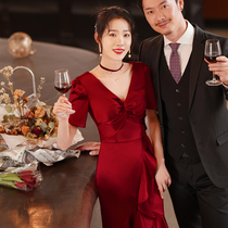 Satin fishtail toast bridal dress slim temperament 2021 new summer banquet wine red wedding