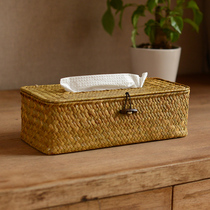 Natural grass woven rattan woven coffee table Living room desktop creative box tube napkin storage set pumping paper box Tissue box