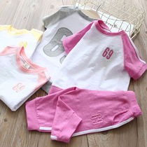 Girls Sports Suit Summer Childrens casual Baby Slub Cotton short-sleeved T-shirt three-point pants new childrens clothing