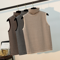Knitted Vest Womens Early autumn wear short bottom half high collar short sleeveless top striped soft waxy sweater