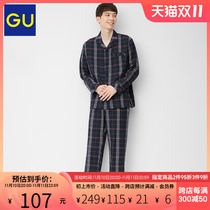 GU Superior Men's High Quality Cotton Pajamas (Check) 100% Cotton Home Clothing Set 333039